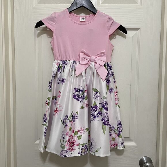 Patpat Girls Size 6-7y Short Sleeve Dress Easter Spring‎ Bow Pink Purple Flowers - Picture 2 of 9